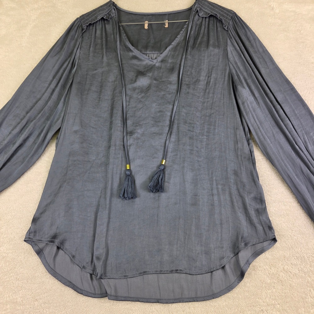 Womens Satin Tassel Tie V-Neck Blouse Slate Blue Long Sleeve Boho Top 3452
